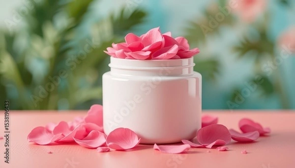 Fototapeta White Jar with Pink Petals on Coral Surface Amidst Blurry Greenery