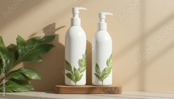 Fototapeta Elegant White Bottles with Leafy Accents Displayed on Wooden Base Against Soft Khaki Wall