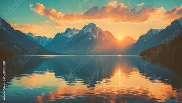Fototapeta Calm water during a golden sunset with majestic mountains creating a stunning backdrop, offering a serene and picturesque scene with empty space for text
