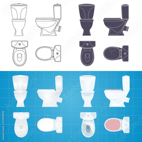 Fototapeta Toilet bowl silhouette. Front, side and top view.