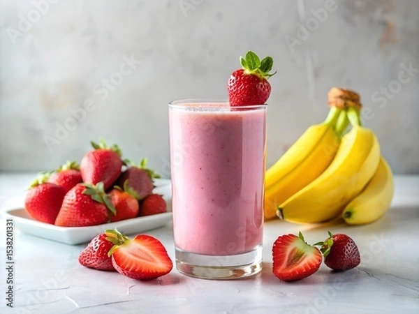 Obraz Fresh strawberry banana smoothie in glass with whole fruits on table, healthy summer drink with natural ingredients