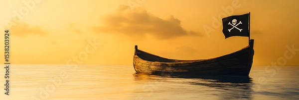 Fototapeta Makeshift Raft with Pirate Flag Lost at Sea under Ominous Clouds wide banner - yellow background