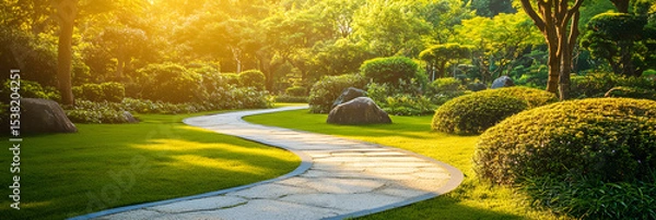Fototapeta Lush Green Path for Buddhist Walking Meditation wide banner 