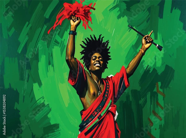 Obraz Commercial-quality image: An acrylic painting of a single figure celebrating Juneteenth.  Loose, expressive brushstrokes create a sense of energy and movement.  The color palette uses vibrant greens, 