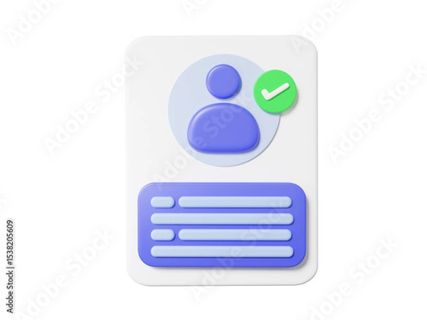 Obraz ID card employee on isolated background. name personal badge Identification staff company profile information, human resources avatar, verify identity concept. cartoon design. 3d rendering