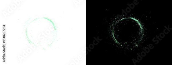 Fototapeta Glowing green circle with neon light and particle energy. A sleek, vibrant PNG overlay with a mystical aura ideal for modern, futuristic, and sci-fi themed transparent visuals