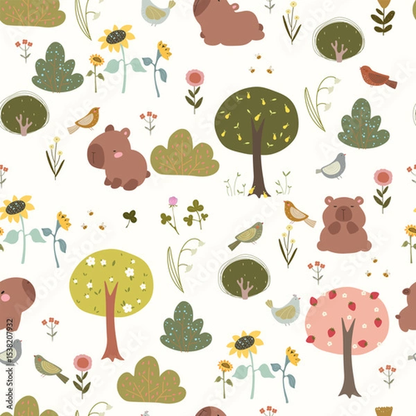 Fototapeta Seamless pattern with capybaras, plants, trees, birds and bees. Vector illustration with hand drawn animals and plants. Vector illustration