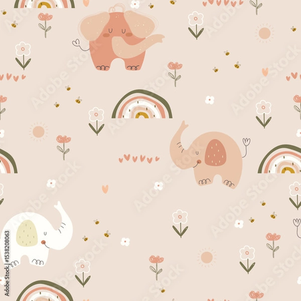 Fototapeta Cute elephants, hearts, bees,  flowers and rainbows, seamless pattern. Vector illustration with hand drawn animals for wrapping paper, wallpaper, fabric.