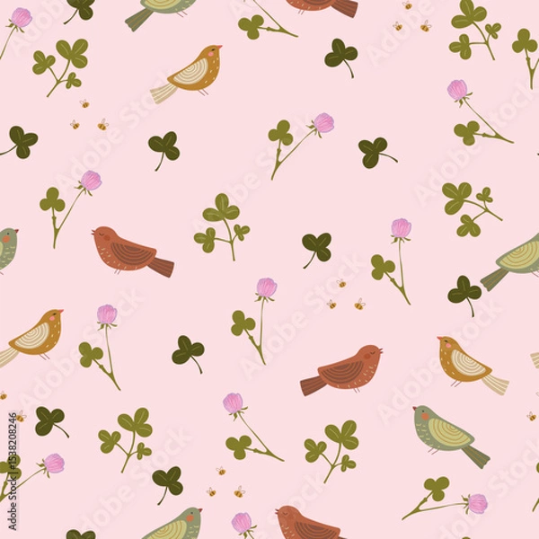 Fototapeta  Hand drawn patern with many different birds and clover flowers and leaves. Vector illustration with animals and plants.