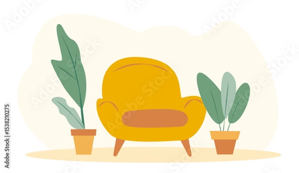 Fototapeta A modern yellow chair is placed between two green potted plants, creating a cozy atmosphere