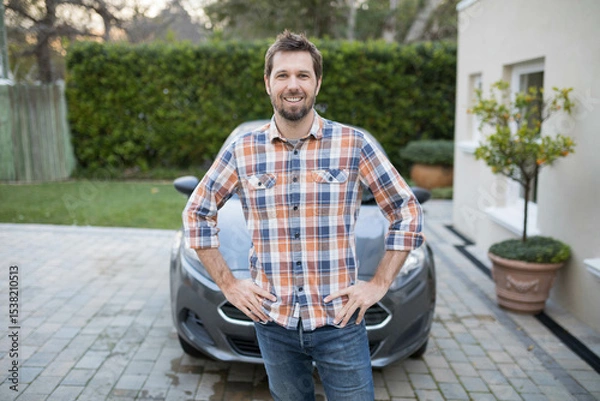 Obraz Man in his thirties standing confidently on suburban driveway with gray compact car
