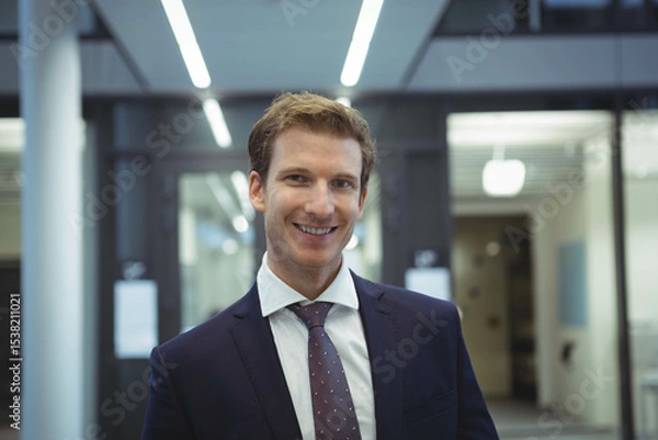 Obraz Businessman wearing navy suit jacket and burgundy tie standing under LED lights in office corridor
