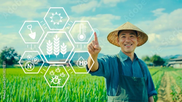 Obraz Farmers standing in green fields, touching the digital display for check rice tree quality in the farmland. smart farm concept