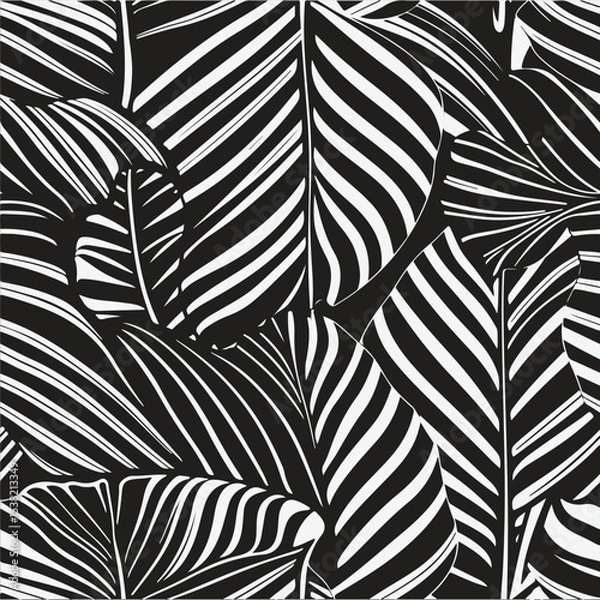 Fototapeta Abstract floral palm leaves seamless pattern. black floral leaves geometric pattern on white background. leaves silhouette