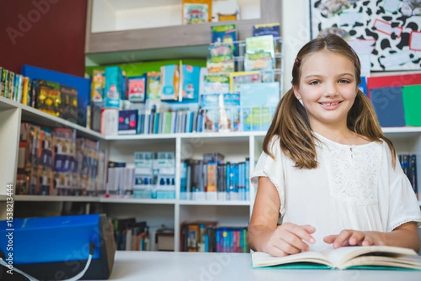 Fototapeta Female child sitting at library desk reading open book with white shelves, blue device, copy space
