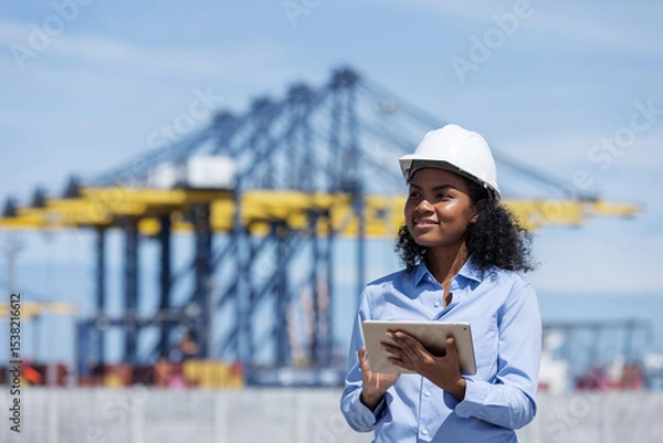 Obraz A female logistics professional wearing a hard hat smiles while using a tablet at a busy shipping port. Large cranes and containers in the background highlight global transport and export operations.