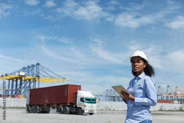 Obraz A female logistics officer in a hard hat observes cargo operations at a shipping port. Holding a tablet, she monitors container trucks and cranes involved in global transport and export logistics.