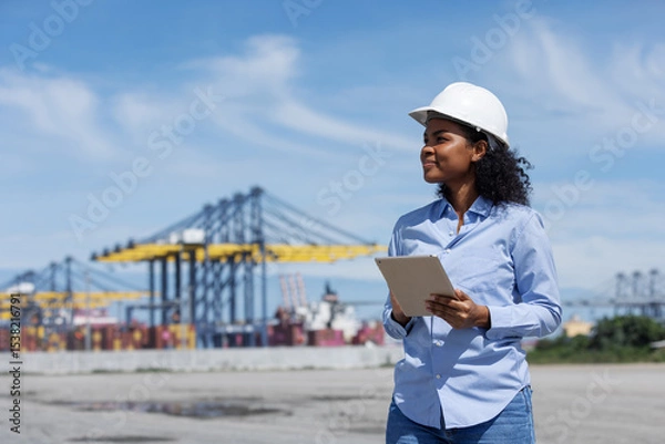 Obraz A female logistics professional wearing a hard hat holds a tablet while inspecting shipping operations at a busy port terminal. Cranes and stacked containers highlight export and transport activities.