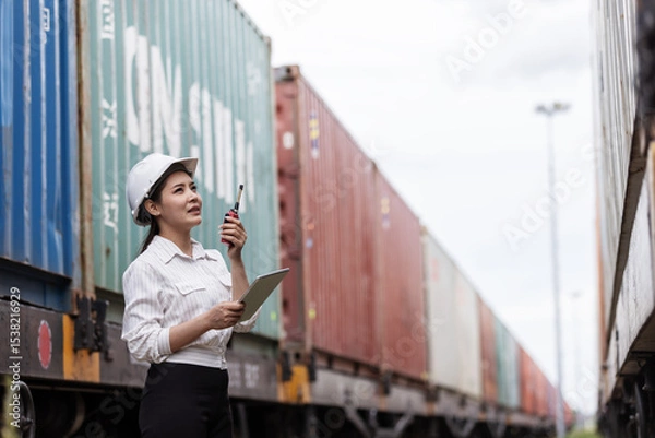 Obraz A female transport officer in a hard hat holds a clipboard and walkie-talkie, inspecting cargo containers on a freight train during export operations at a logistics and shipping terminal.