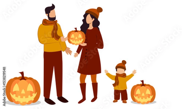 Fototapeta A family of three shares joyful moments during autumn, dressed in cozy scarves and hats, while carving pumpkins for Halloween. The child joyfully engages, surrounded by festive decor