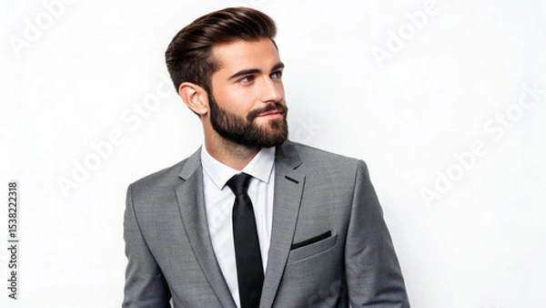 Obraz Stylish man in gray suit with tie, looking confidently to side.
