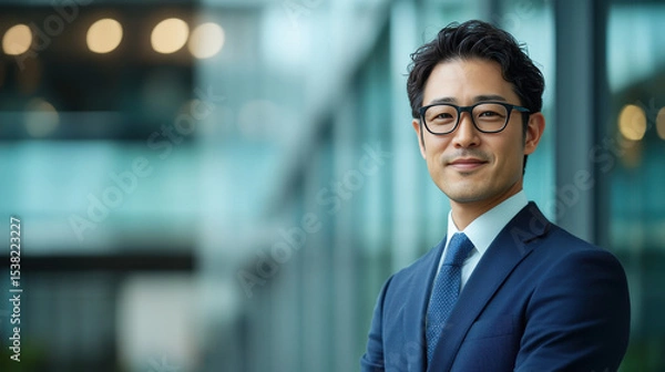 Obraz confident Japanese executive in suit stands in modern office environment, showcasing professionalism and charisma.