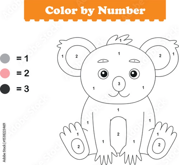 Fototapeta Color by numbers. Coloring page for kids. Coloring with cute koala. Vector illustration
