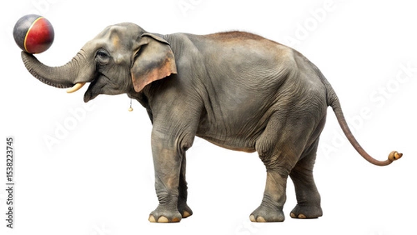 Fototapeta circus elephant balancing ball on trunk with isolated on white background