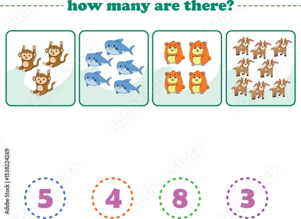 Fototapeta Counting game of wild animals for preschool kids. Printable. Vector Illustration