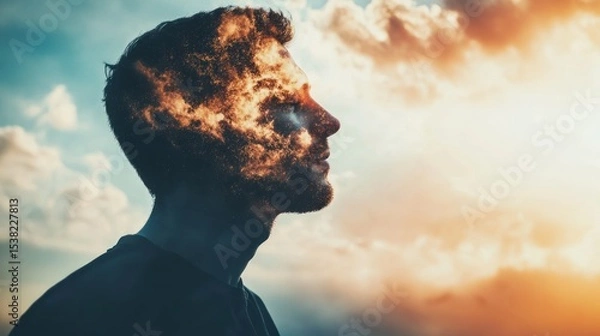 Fototapeta Contemplative Man Silhouette Merged with Ethereal Sky and Clouds at Sunset