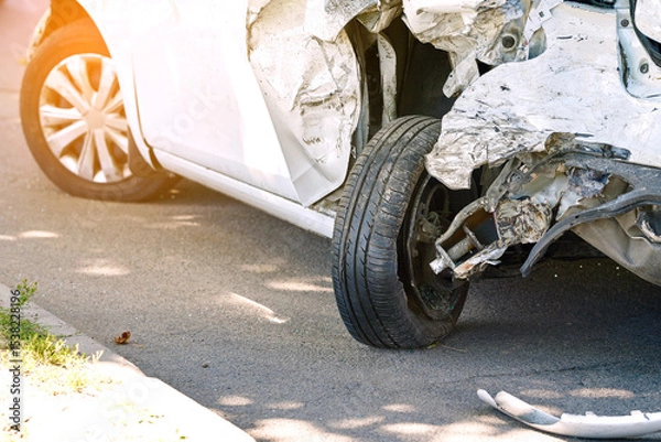 Fototapeta Car with torn rear wheel and bent axle sits roadside after road collision, total damage and mechanical failure from severe traffic accident. Bent axle, ripped rear wheel, massive vehicle destruction