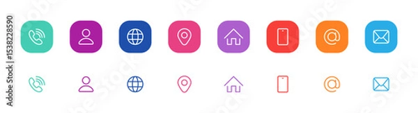 Fototapeta Business card icon set in line style. Contact information, Home, Phone, Location, Address, Website, mail, fax, user simple black style symbol sign for apps and website, vector illustration.