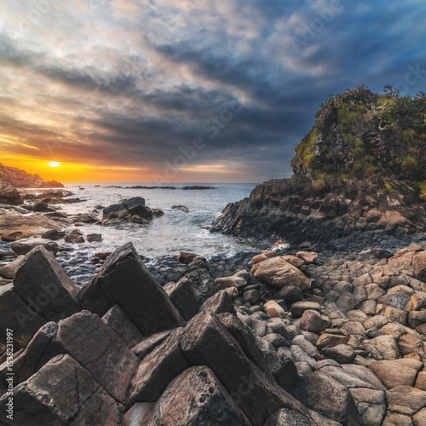 Fototapeta Panorama of volcanic basalt columns Ganh Da Dia on the beach by the sea. Landscape with Da Dia reef in Vietnam at sunrise