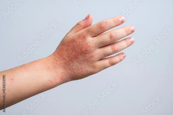 Fototapeta Red rashes from Coxsackie virus on a child hand close up. Chicken pox and allergy symptoms on skin on children's body on a white background