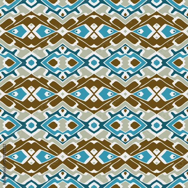 Fototapeta Horizontal seamless pattern in white gray brown blue. Ethnic textile print. Vector fashion background.  Ribbons.
