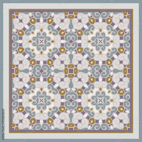 Fototapeta Creative style abstract geometric pattern in white gray  yellow blue violet, vector seamless, can be used for printing onto fabric, interior, design, textile. Frame.