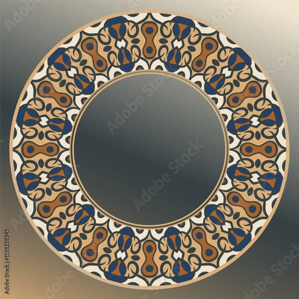 Fototapeta tray, a round geometric ornament in white yellow orange blue for tea or coffee porcelain plate,trays, dishes and souvenirs, can also be used as a background, invitation, greeting card