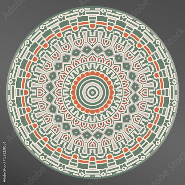Fototapeta tray, a round geometric ornament in white green orange for tea or coffee porcelain plate,trays, dishes and souvenirs, can also be used as a background, invitation, greeting card