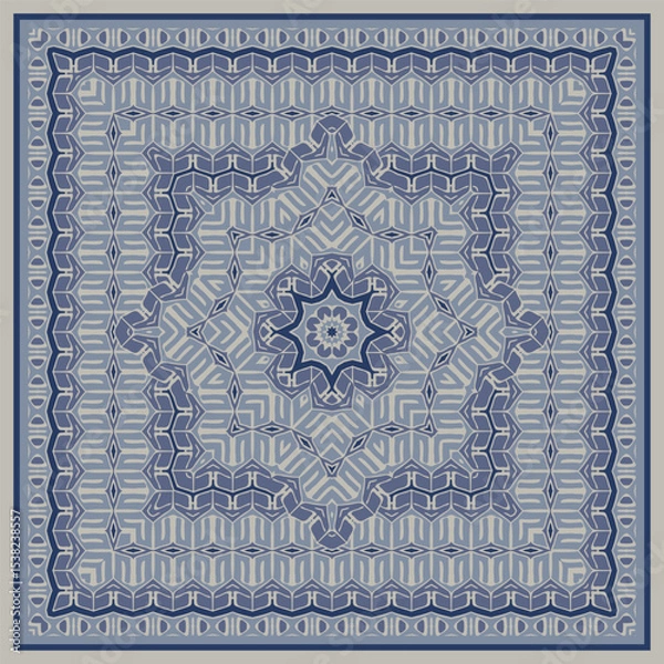 Fototapeta Square ornament in gray blue for scarves or pillows, for printing on fabric or paper. Frame. Ribbons. Carpet design.