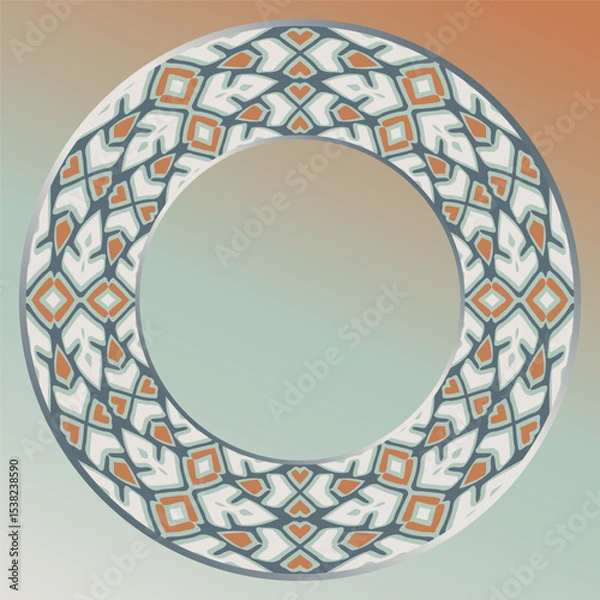 Fototapeta tray, a round geometric ornament in white orange green blue for tea or coffee porcelain plate,trays, dishes and souvenirs, can also be used as a background, invitation, greeting card