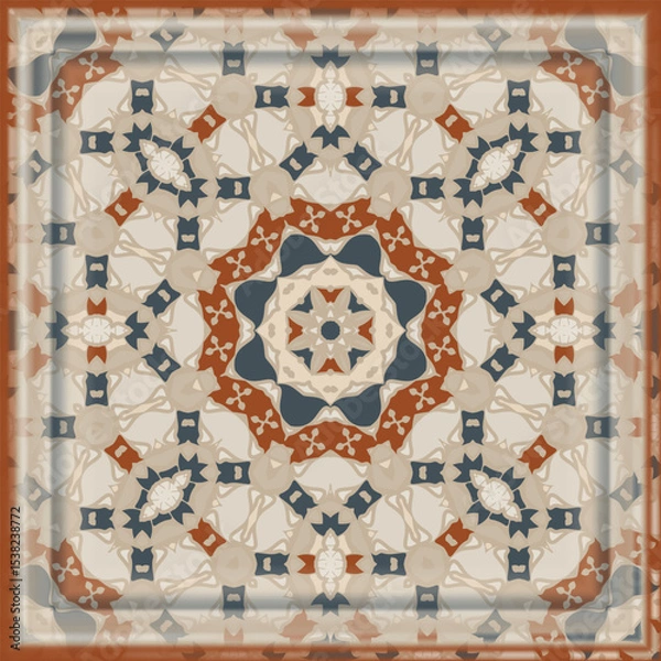 Fototapeta Creative style abstract geometric pattern in beige orange blue, vector seamless, can be used for printing onto fabric, interior, design, textile. Frame.
