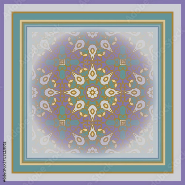 Fototapeta Creative style abstract geometric mandala pattern in violet orange green, vector seamless, can be used for printing onto fabric, interior, design, textile. Frame.