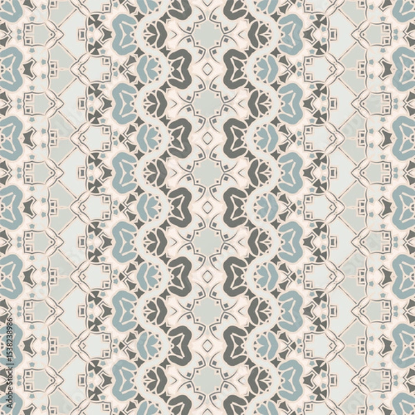Fototapeta Horizontal seamless pattern in beige gray blue black. Ethnic textile print. Vector fashion background.  Ribbons.