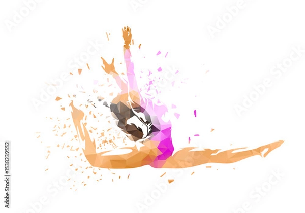 Fototapeta Artistic gymnast woman in mid-air during a dynamic jump. Low poly vector illustration with distortion effect, isolated vector silhouette