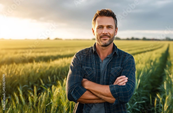 Obraz Confident farmer stands tall in a wheat field, arms crossed, sunlit sky behind—shot on wide-angle lens for bold, organic farming portrait.