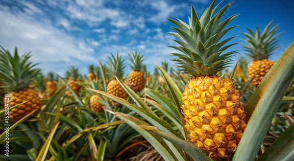 Obraz A vivid, high-res shot of ripe pineapples under blue skies—capturing nature’s charm with pro detail and showing how AI enhances commercial photography.