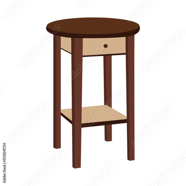 Fototapeta Modern Round Wooden Side Table with Drawer and Shelf, Minimalist Bedside or Accent Table for Living Room or Bedroom, Isolated on White Background Illustration

