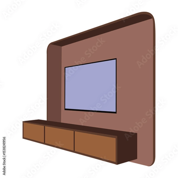 Fototapeta Modern Floating TV Stand with Wall Panel and Three Drawers, Minimalist Entertainment Console for Living Room, Contemporary Wooden Furniture Isolated on White Background Illustration

