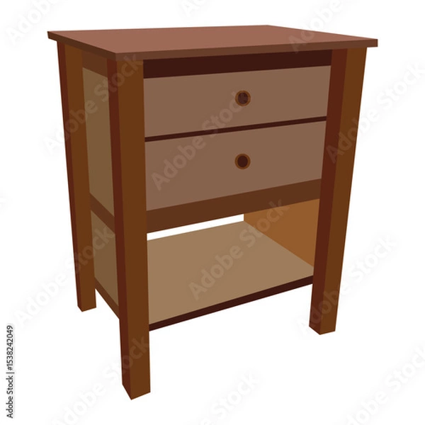 Fototapeta Modern Wooden Nightstand with Two Drawers and Open Shelf, Minimalist Bedside Table for Bedroom Storage, Isolated on White Background Illustration

