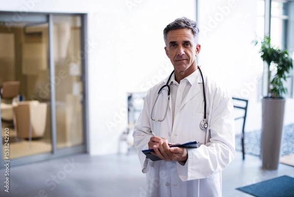 Obraz Doctor with stethoscope is writing notes on clipboard near glass partition and beige chairs